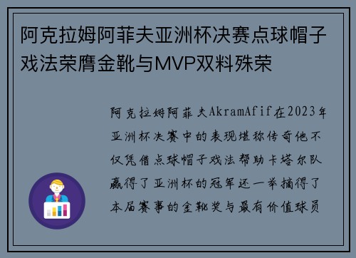 阿克拉姆阿菲夫亚洲杯决赛点球帽子戏法荣膺金靴与MVP双料殊荣